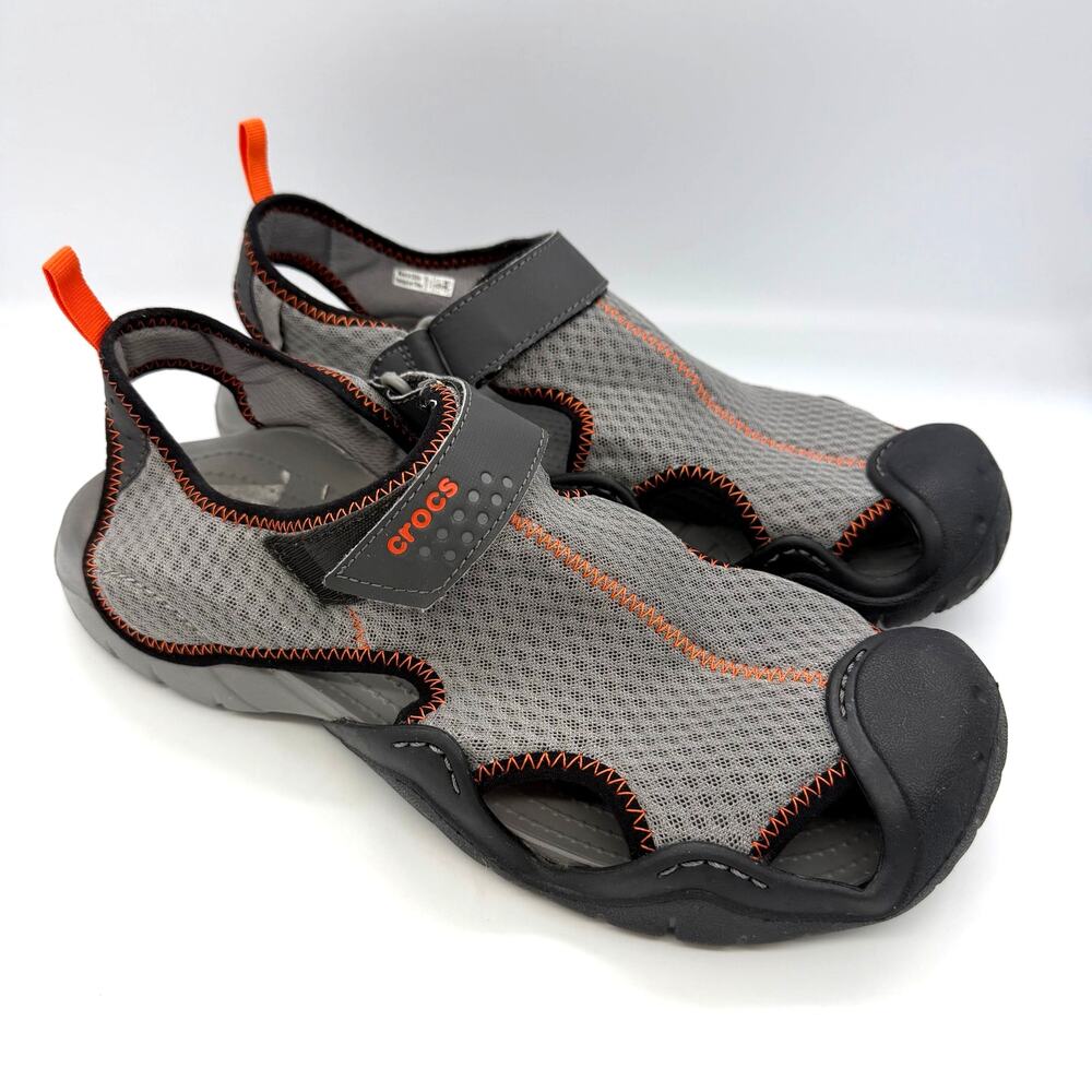 Crocs Men's Gray & Black Swiftwater Mesh Deck Sandals Size 12